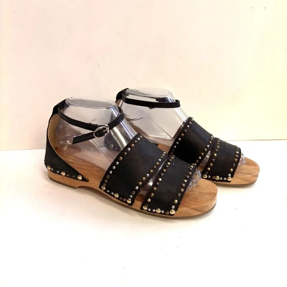 FREE PEOPLE Wooden Heels Black Leather North Shore Sandals Women’s 38 (US 7.5-8) - Picture 2 of 10